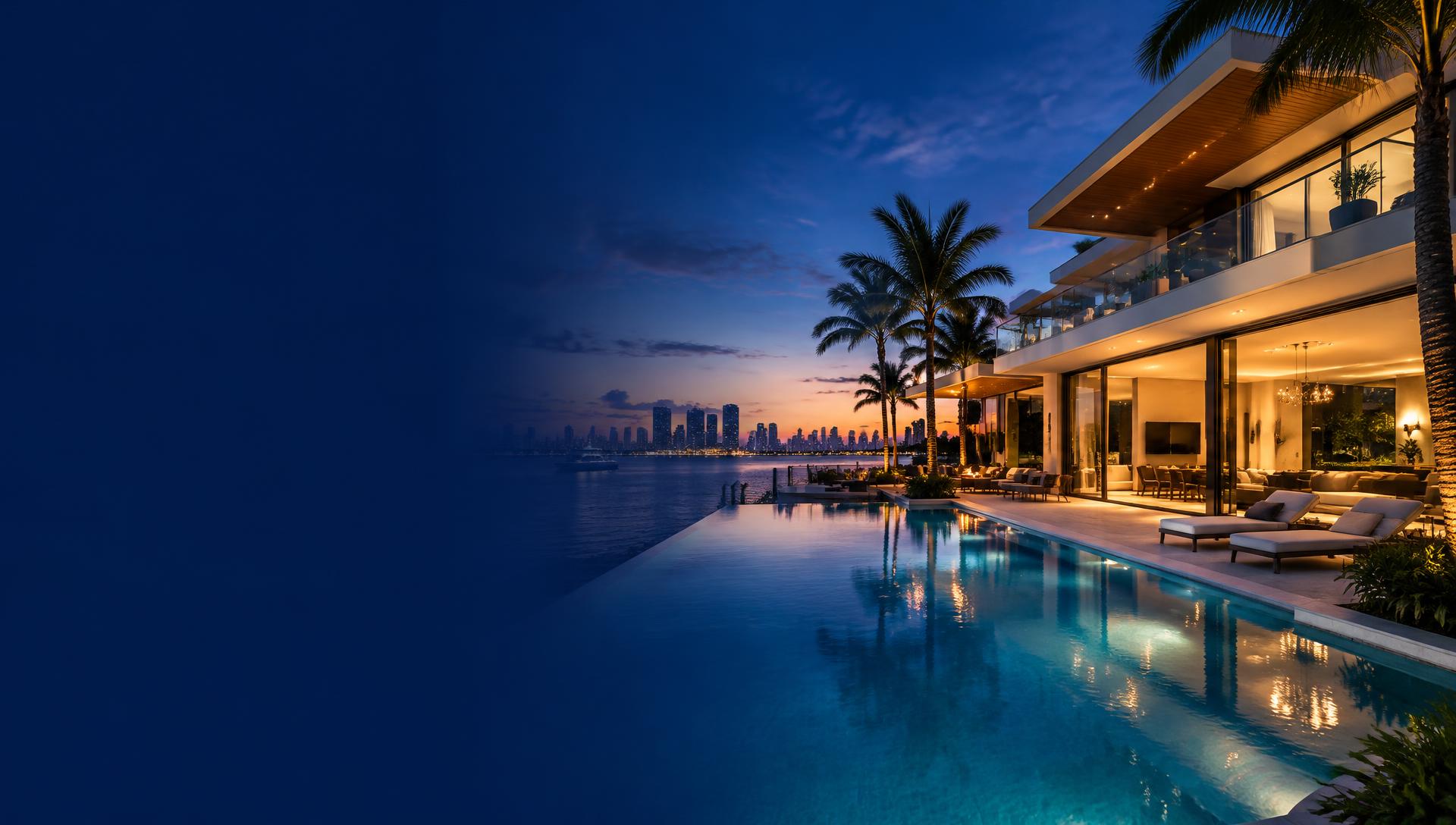 Contemporary waterfront home overlooking Biscayne Bay in Miami at dusk